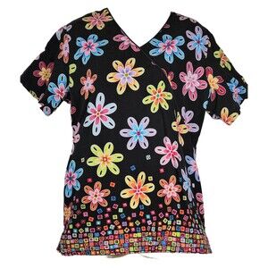 Woman's Scrub Top Size M Floral & Geometric Rainbow on Black Pockets